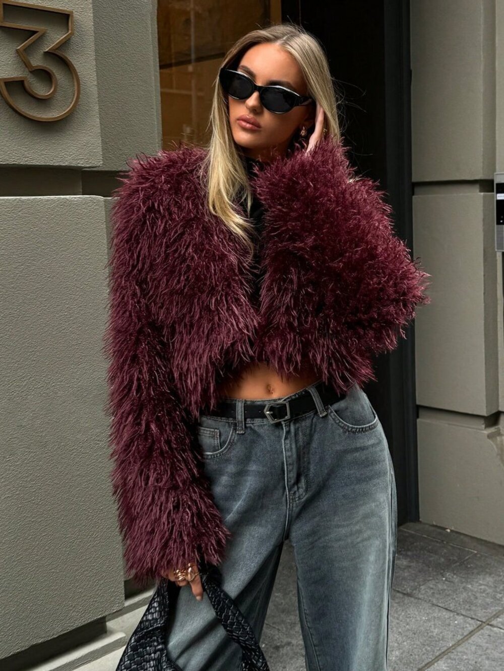 Burgundy Casual Women's Sexy Short Faux Fur teddy Coats jacket